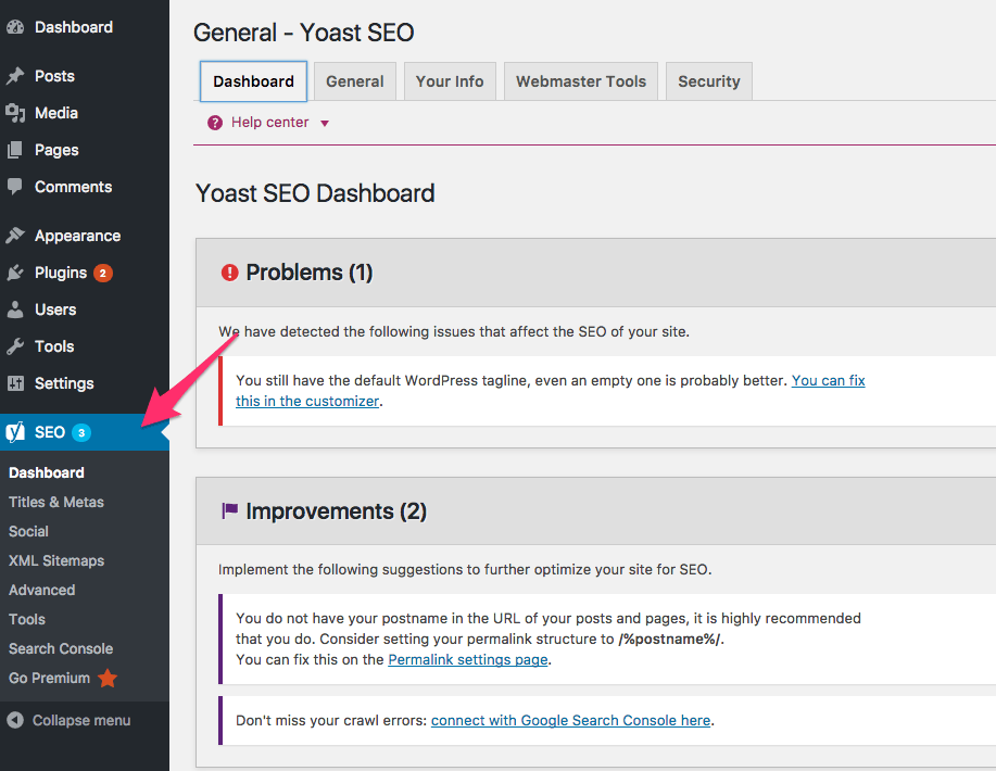 Khu vực thao tác plugin Yoast SEO