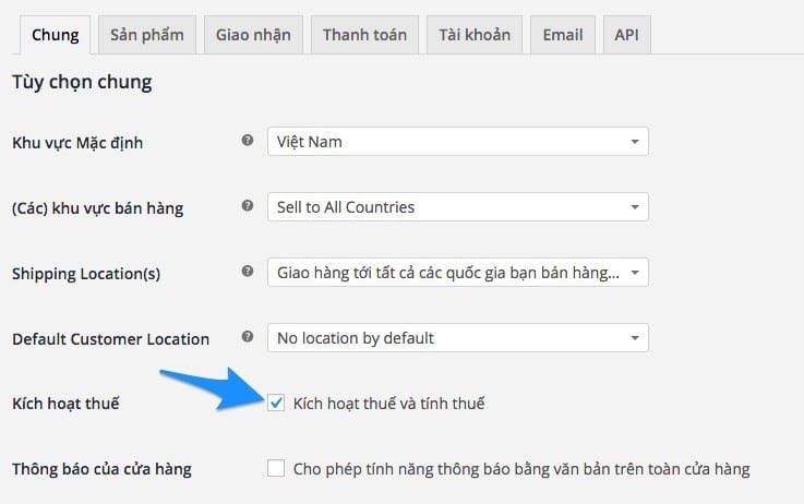 Bật chức năng tính thuế
