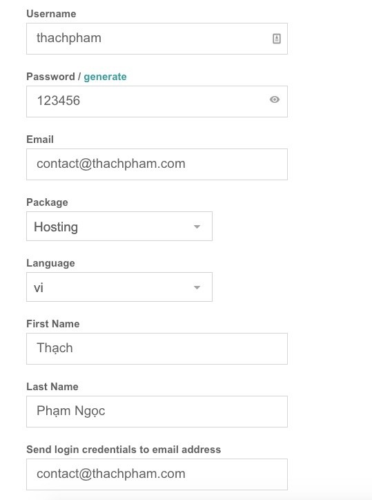 Nhập thông tin user cần tạo